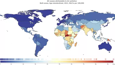 world map showing DALYs attributable to air pollution in 2021 per country
