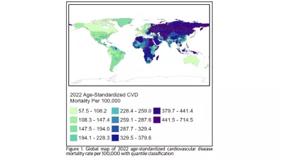 map showing the highest rate of deaths from CVD in 2022 occurred in Russia, Africa, and Oceania
