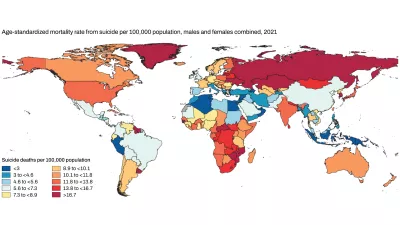 world map showing the highest rates of suicide death in Russia and parts of central Europe, Greenland, parts of Africa, and parts of South America