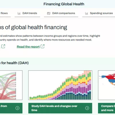Three charts showing patterns of health financing for development assistance for health (DAH)