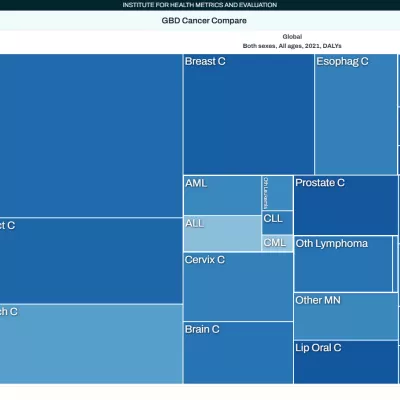 A treemap showing lung, colorectal, stomach, and breast cancers responsible for the greatest percentage of health loss
