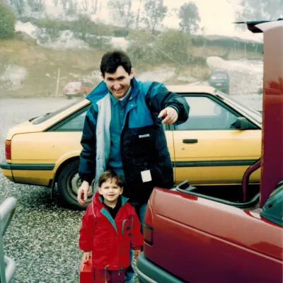  Damian Santomauro with his father on a countryside family trip, in Victoria, Australia, circa 1992. Photo courtesy of Damian Santomauro. 